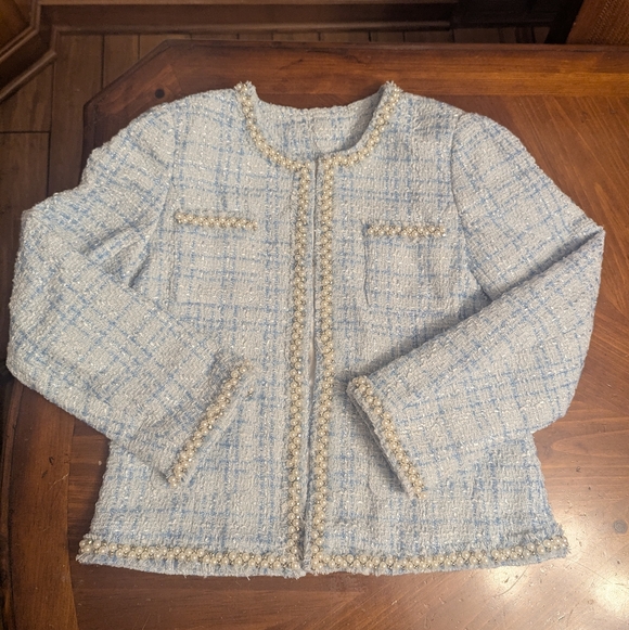 Jackets & Blazers - Pearl Embellished Ice BlueTweed Jacket NWOT Sz L Runs small See Pic Measurements